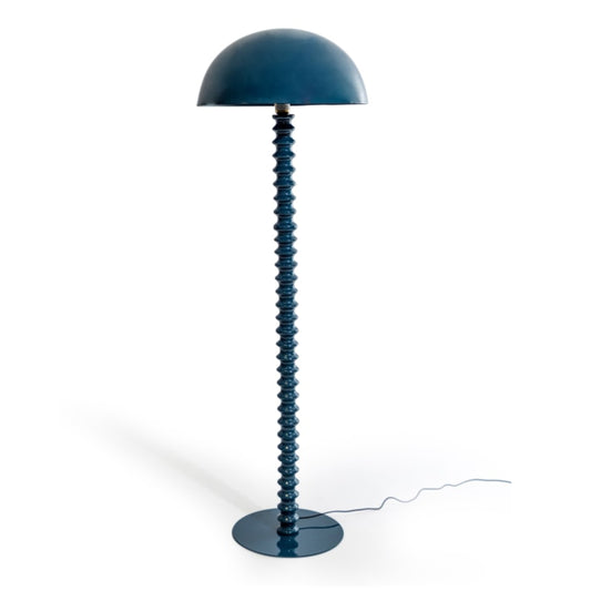 A modern floor lamp with a dark blue dome-shaped shade, a long screw-thread-like stem, and a round base, shown on a white background.