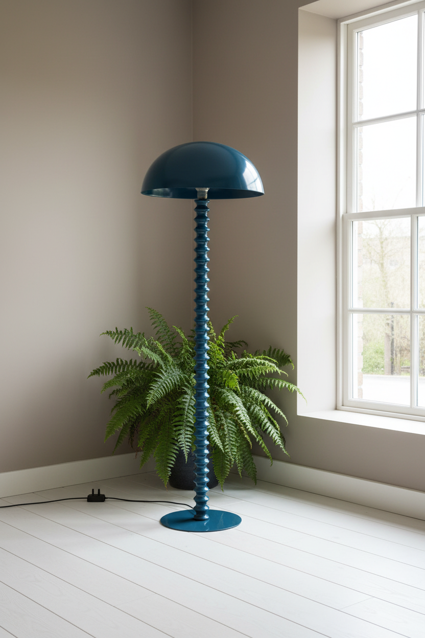 A tall floor lamp with a dome-shaped shade and a ribbed, spiral-like stem in a deep teal blue, standing on a white wood floor next to a potted green fern in a room with beige walls and a window.