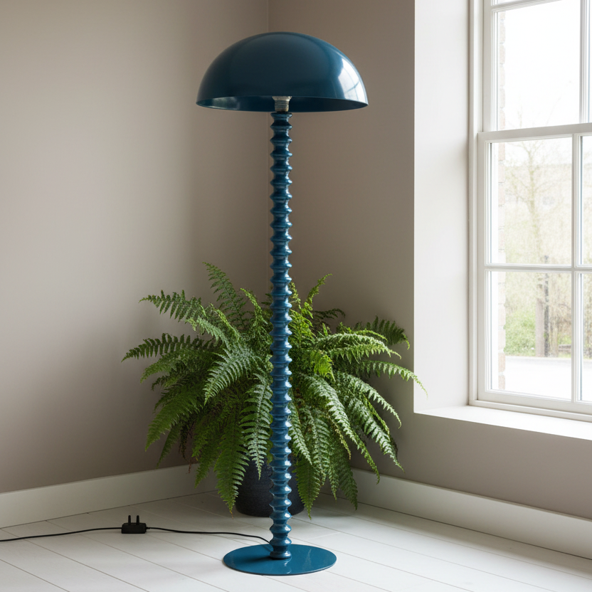 A tall floor lamp with a dome-shaped shade and a vertically ribbed stem, painted in a deep teal blue, standing in a bright room next to a window with a green fern plant in the background.