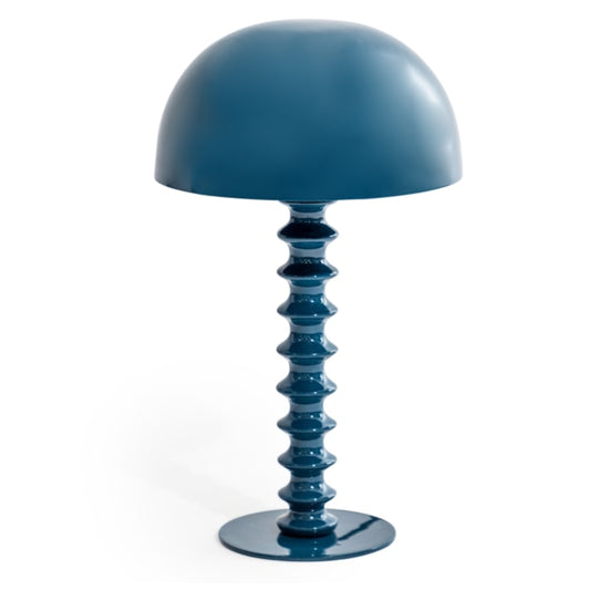 Blue table lamp with a unique design on a white background