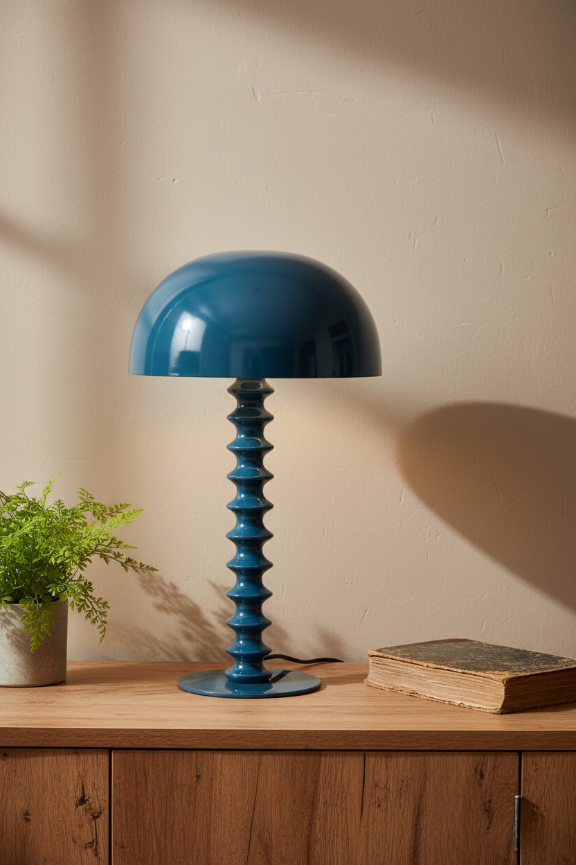 Blue table lamp on a wooden surface with a plant and book in the background