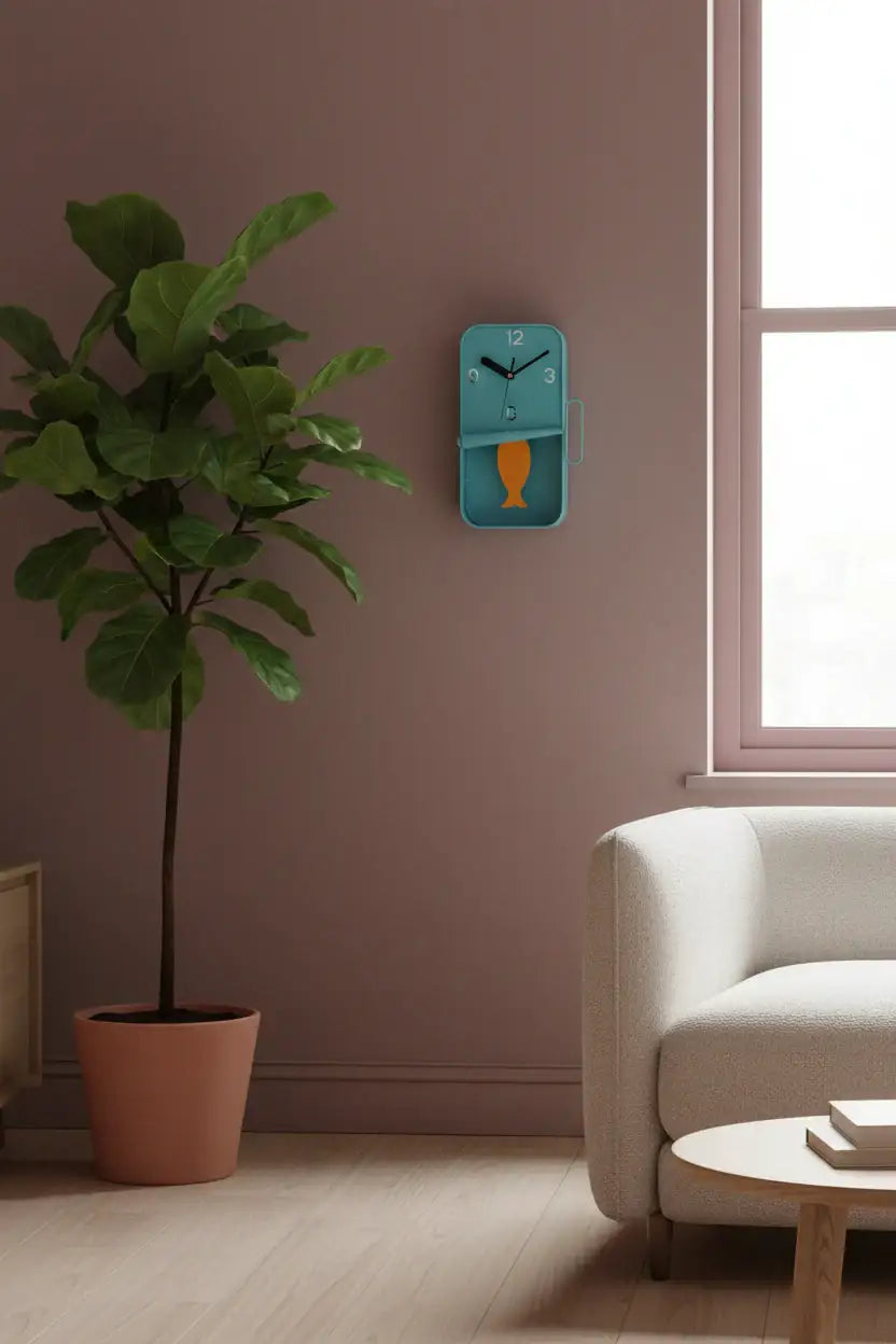 Wall clock with fish design on a pink wall in a living room.