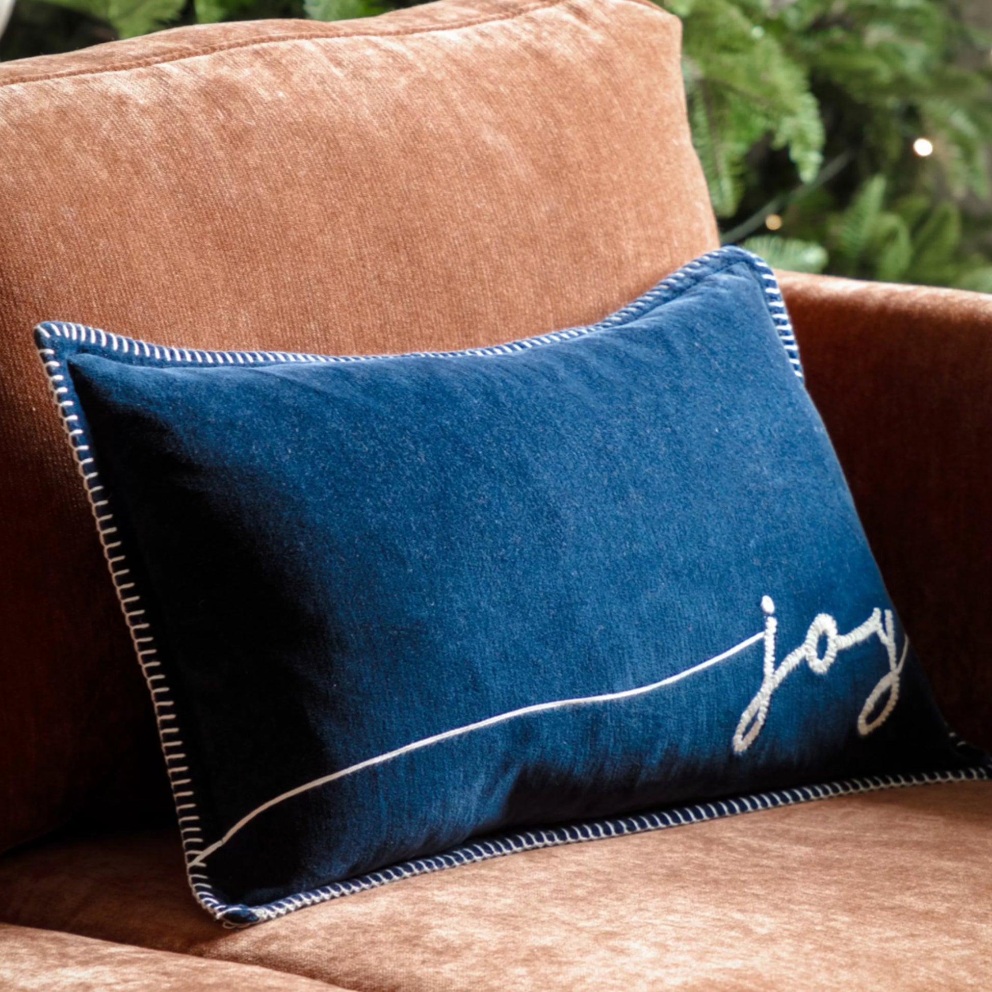 Blue Velvet Joy Festive Cushion