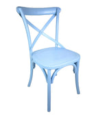Light blue chair with a cross-back design on a white background