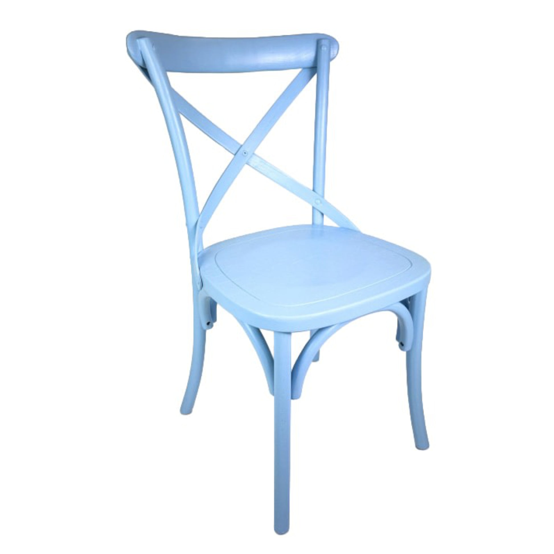 Light blue chair with a cross-back design on a white background