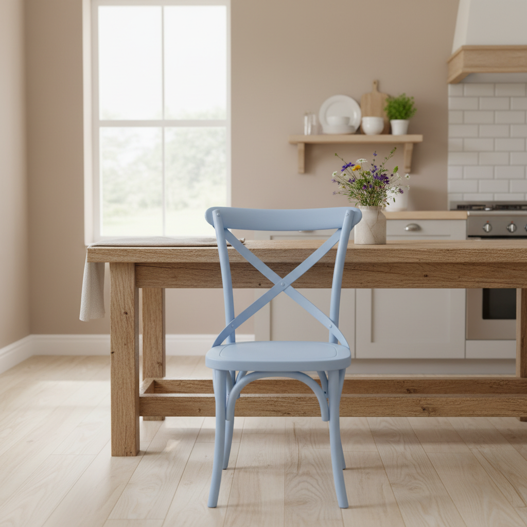 Light blue chair in front of a wooden dining table in a kitchen setting.