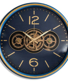Wall clock with gear design on a blue background