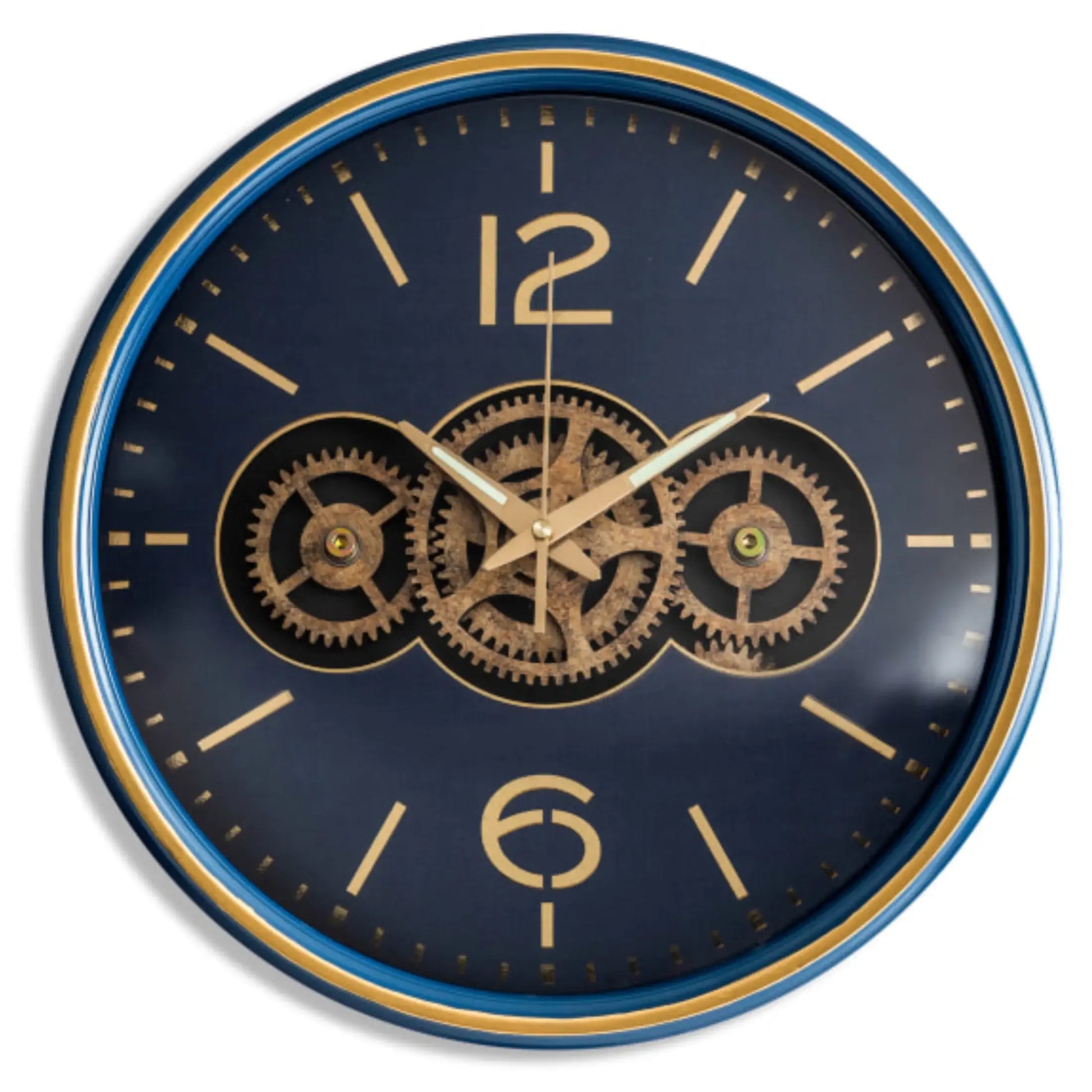 Wall clock with gear design on a blue background