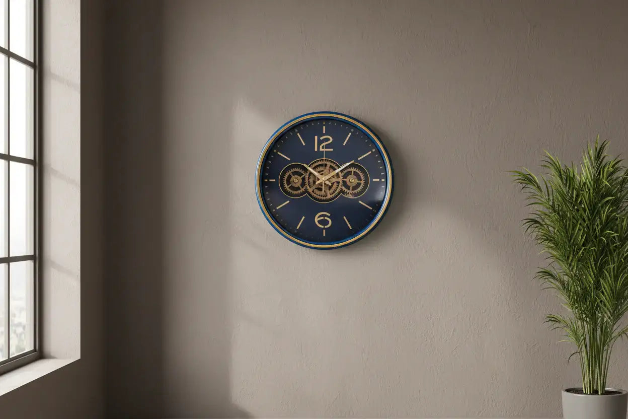 Decorative wall clock on a beige wall with a plant to the right