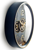 Wall clock with black casing and gold details on a white background