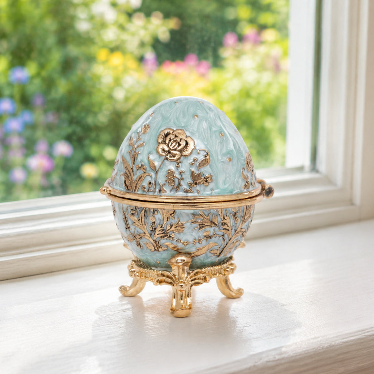 An ornate light blue and gold decorative egg-shaped box with floral detailing, displayed on a white windowsill with a blurred garden background.