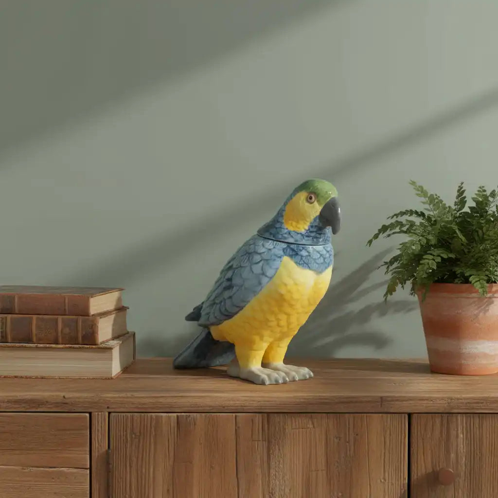 Decorative parrot sculpture on a wooden surface with books and a plant.