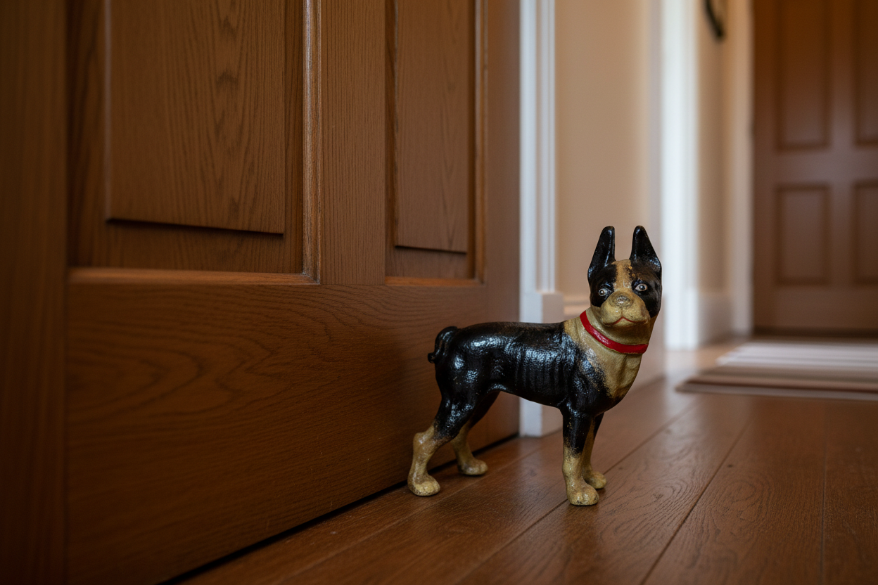 Dog-shaped doormat on a wooden floor with a wooden door in the background