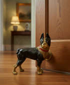 Dog-shaped doormat on a wooden floor with a blurred background