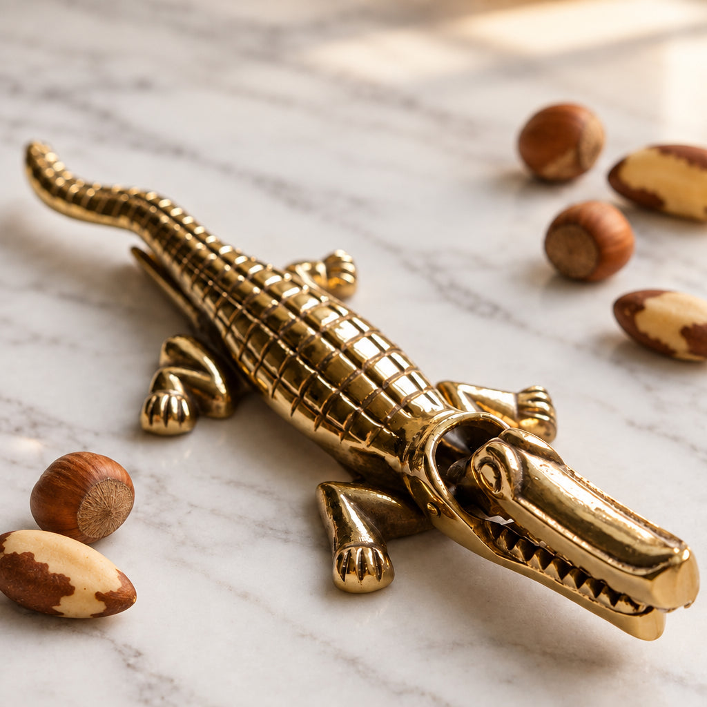 A polished gold-toned metal alligator figurine resting on a white marble surface, surrounded by scattered hazelnuts.