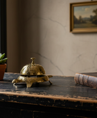Decorative turtle sculpture on a wooden surface with a potted plant and book in the background.