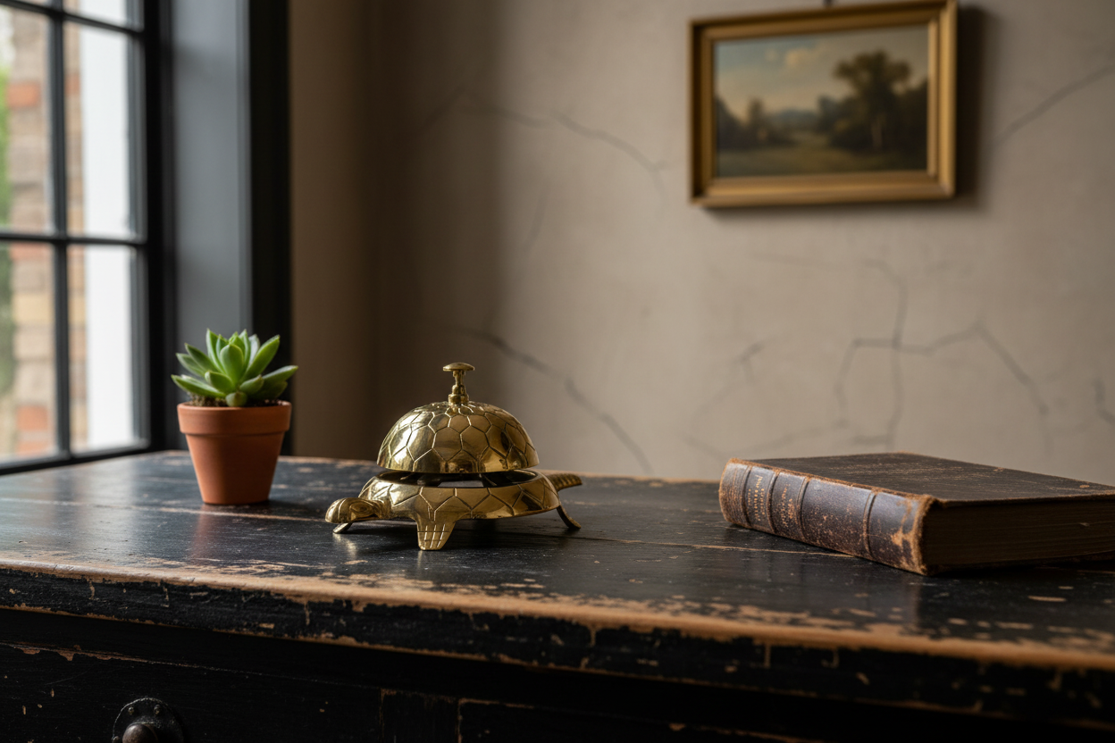 Decorative turtle sculpture on a wooden surface with a potted plant and book in the background.