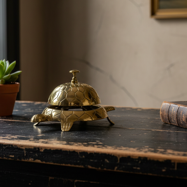 Gold turtle-shaped bell on a wooden surface with a plant and book in the background
