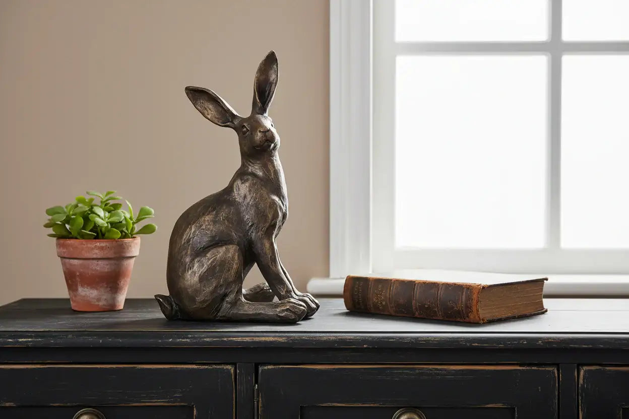 Bronze rabbit sculpture on a wooden surface with a plant and book in the background.