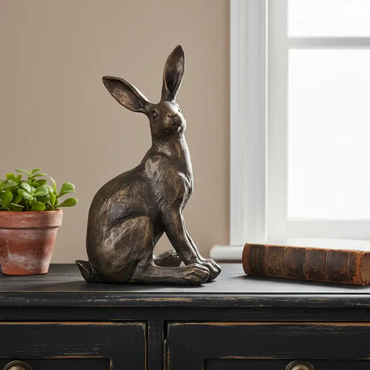 Bronze rabbit sculpture on a wooden surface with a plant and book in the background