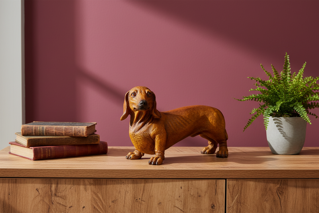 Dog figurine on a wooden surface with books and a plant against a maroon wall