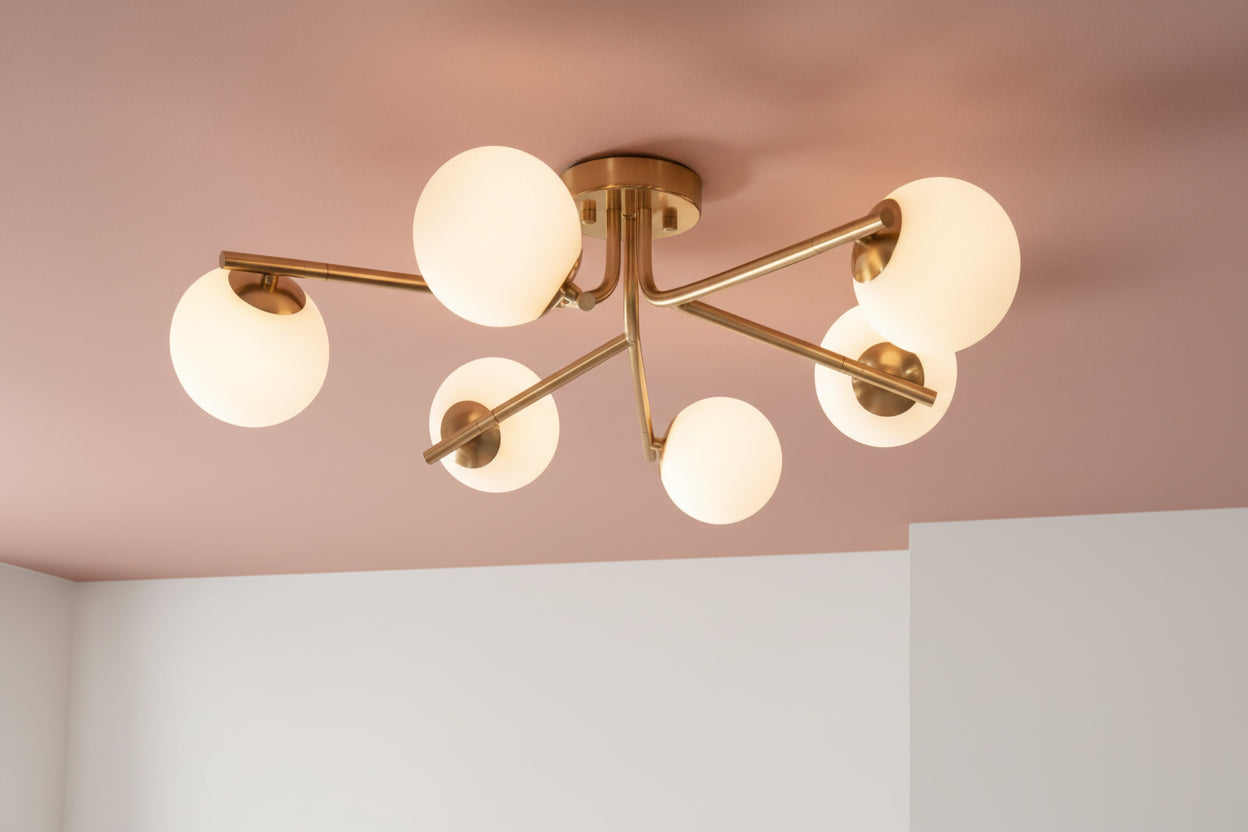Modern ceiling light fixture with gold finish and white glass shades on a plain background