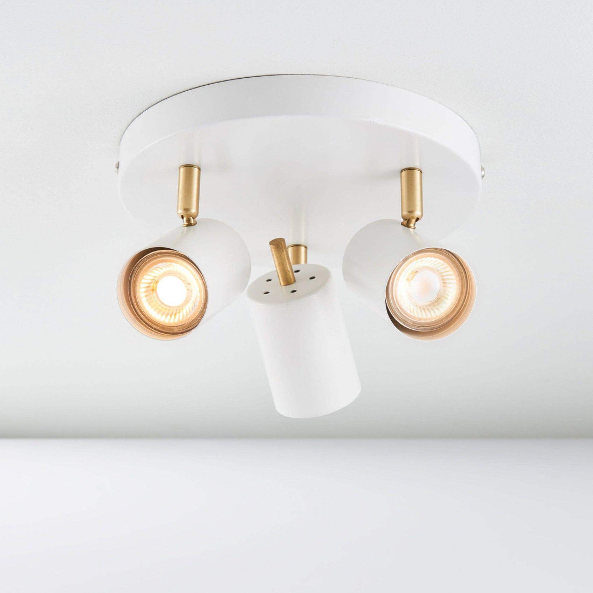 Brushed Brass and Matt White 3 Spot Ceiling Light - The Farthing