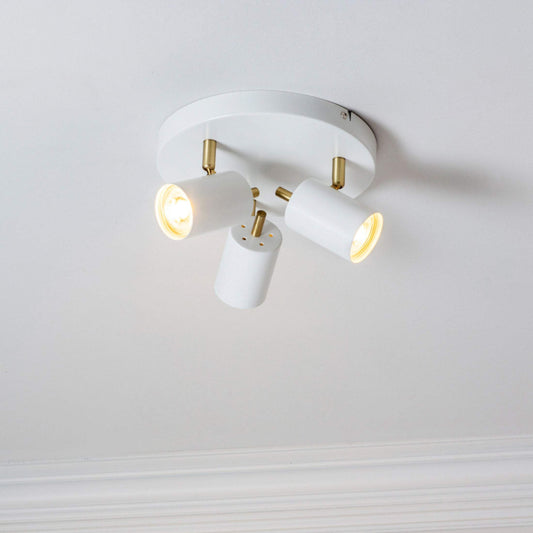 Brushed Brass and Matt White 3 Spot Ceiling Light - The Farthing