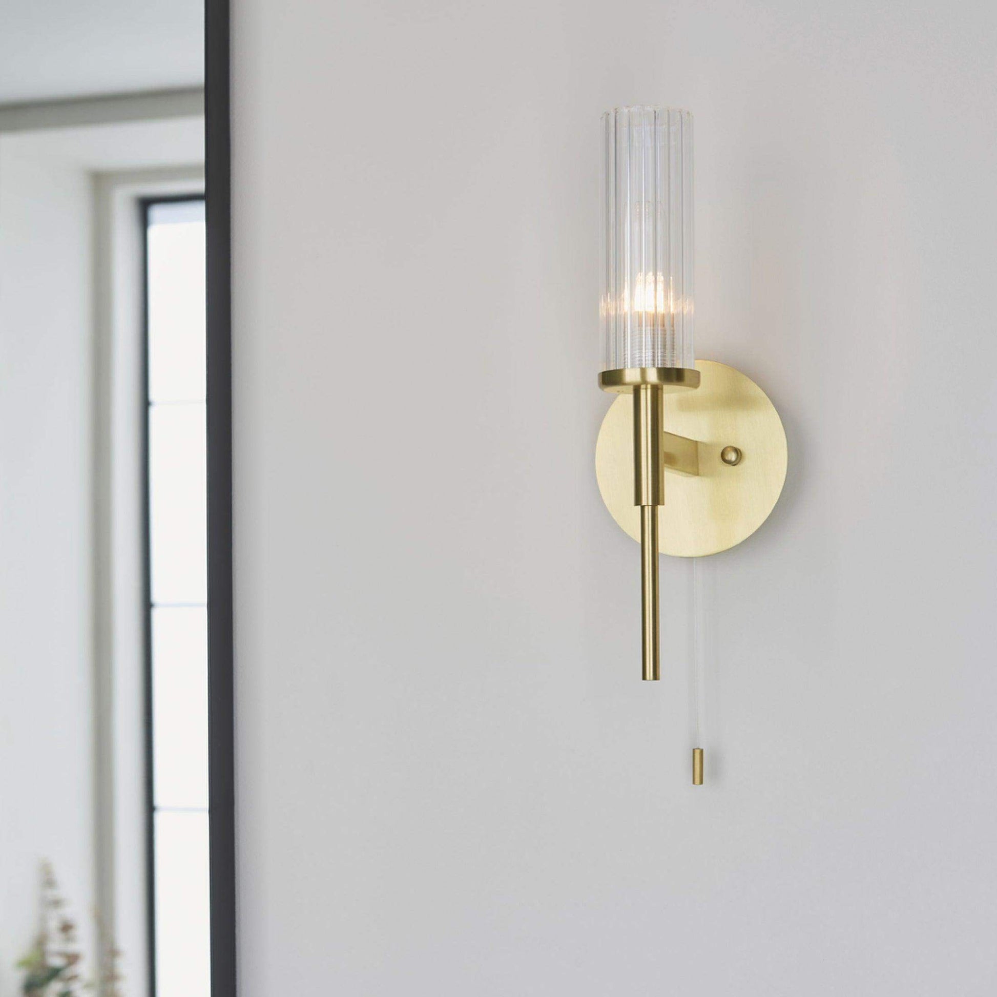 Brushed Gold Clear Ribbed Glass Come Bathroom Wall Light - The Farthing