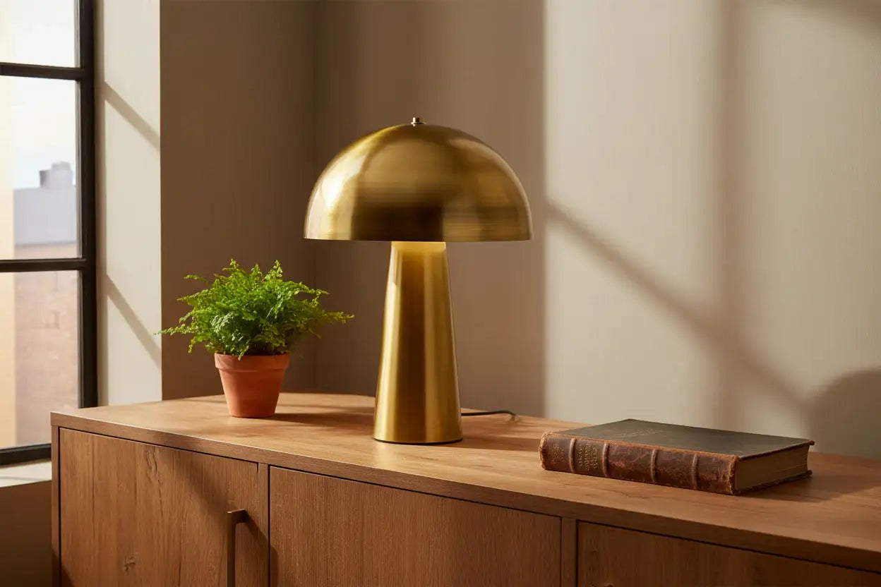 Gold table lamp on a wooden surface with a plant and book in a room with a window.