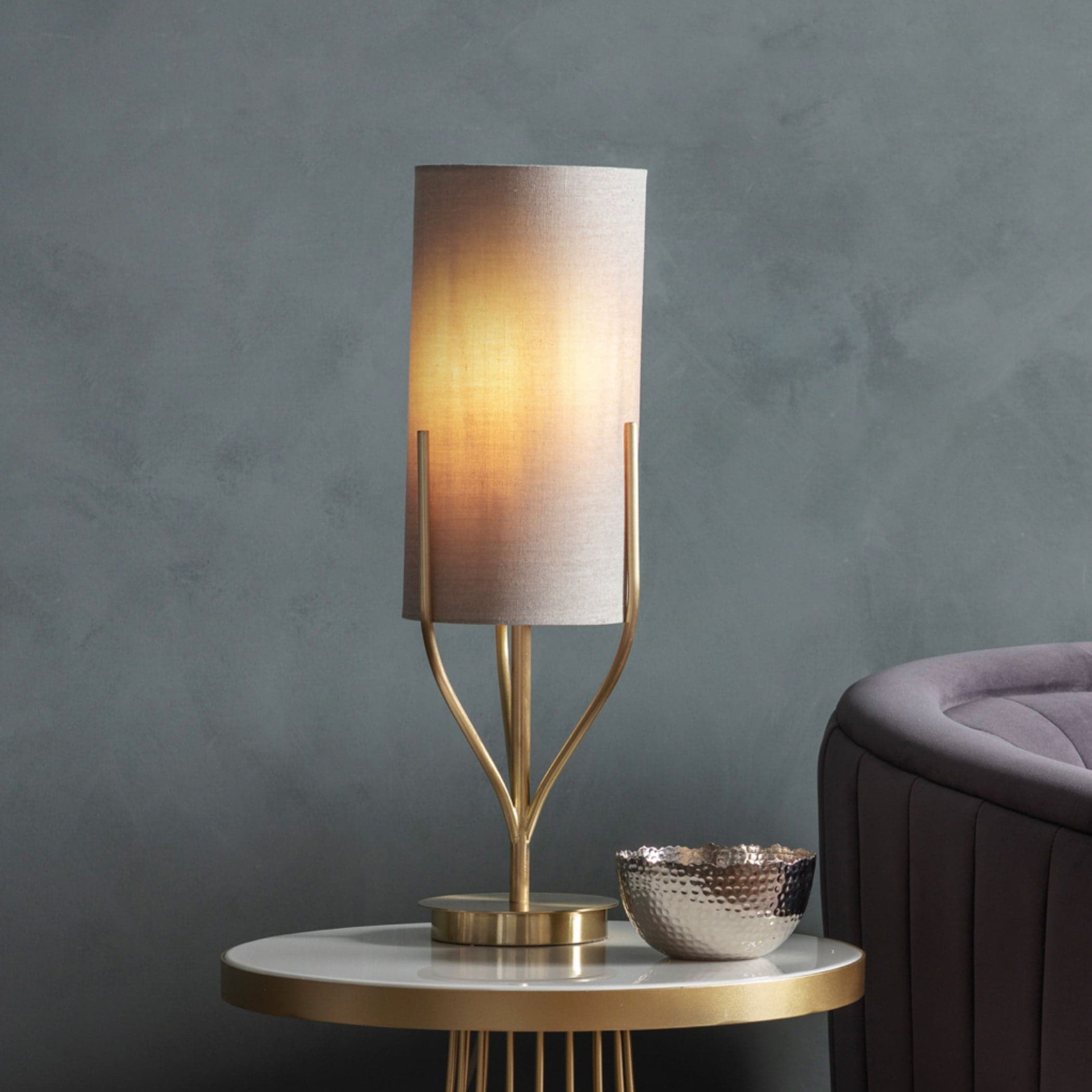 Brushed Gold Table Lamp & Fabric Cylinder Shade