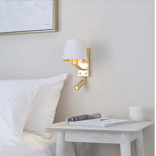 Brushed Satin Gold Wall Light with Shade & adjustable LED reading light - The Farthing