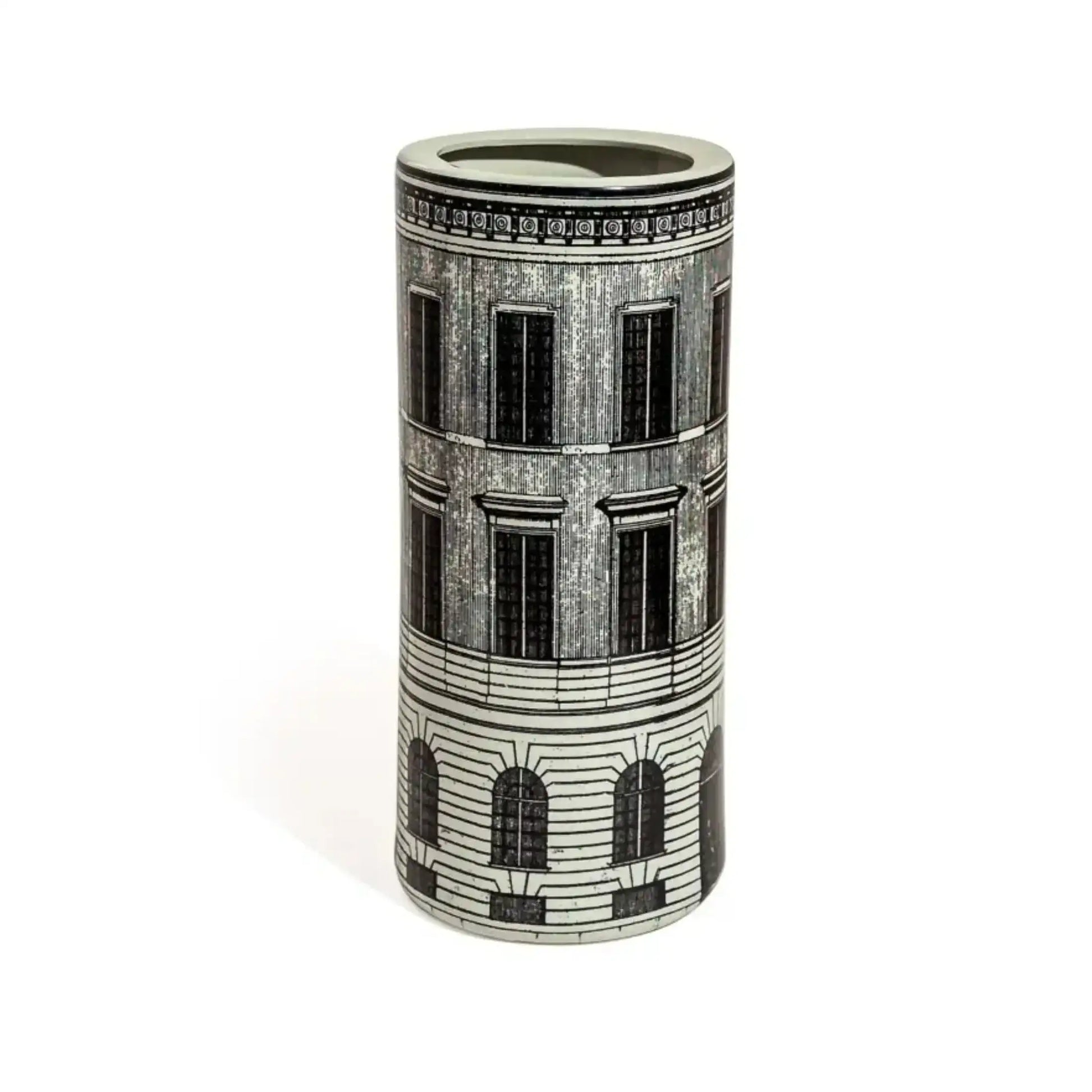 Cylindrical vase with architectural design on a white background