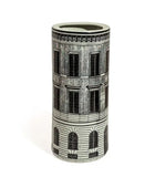 Cylindrical vase with architectural design on a white background