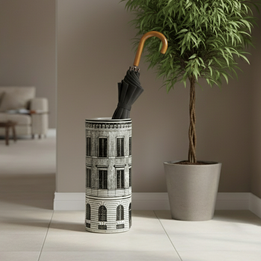 Umbrella stand with a tree and umbrella inside in a room setting