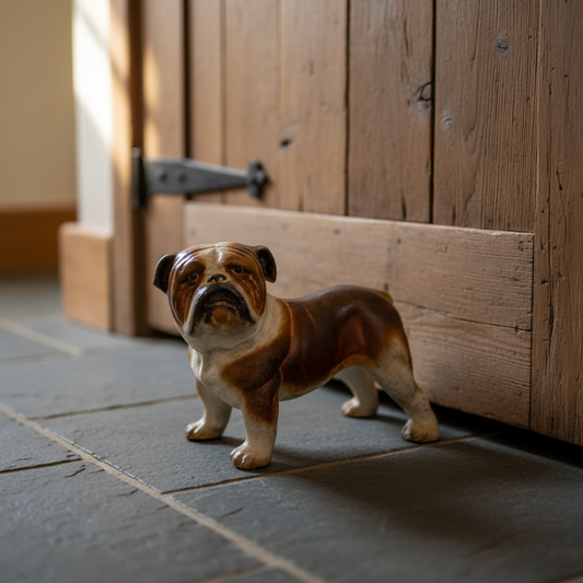 Dog figurine standing on a tiled floor in front of a wooden door.