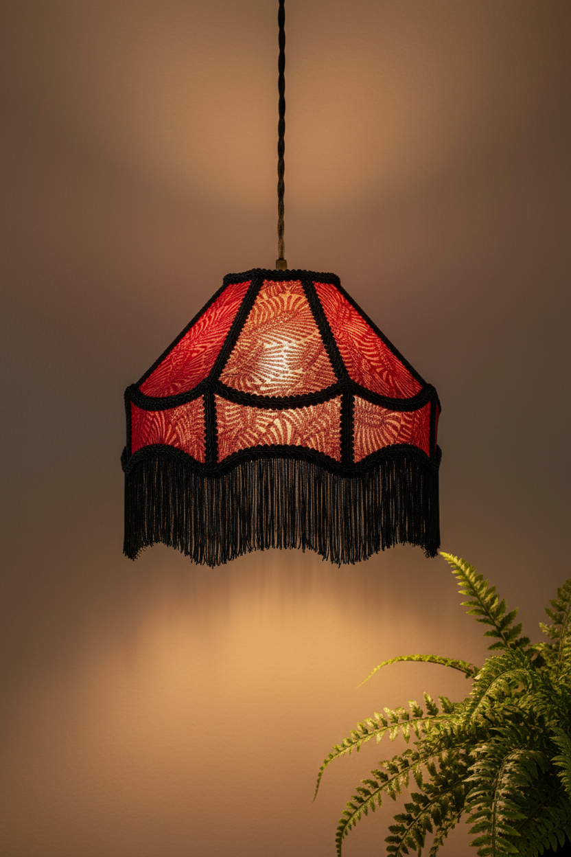 A hanging pendant lamp with a red patterned shade and black fringe, suspended against a warm beige wall with a green plant visible in the lower right corner.