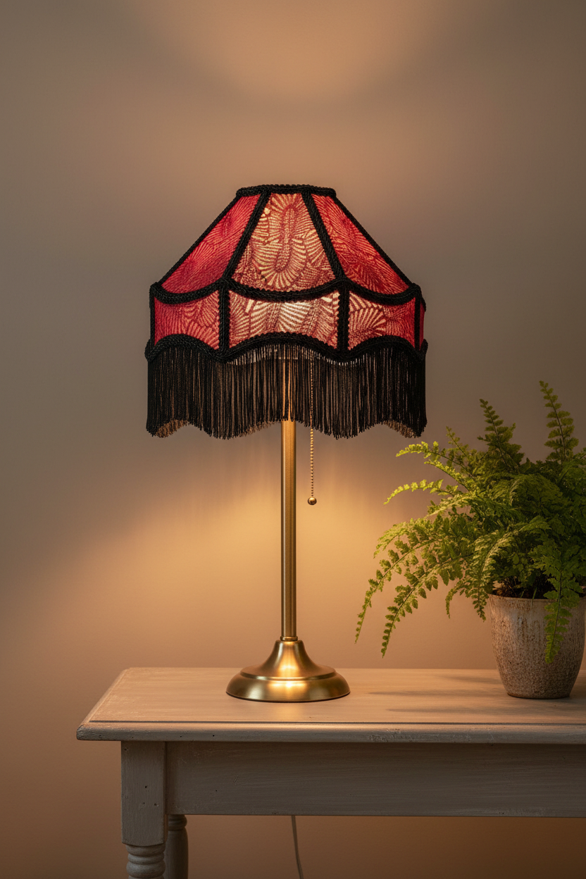 A vintage-style table lamp with a red and black patterned fringed shade and a gold brass stem, sitting on a light-colored wooden table next to a potted fern.
