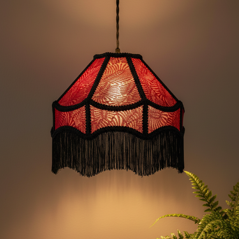A vintage-style pendant lamp with a red patterned fabric shade and black fringe, hanging against a warm beige wall with a green fern in the foreground.
