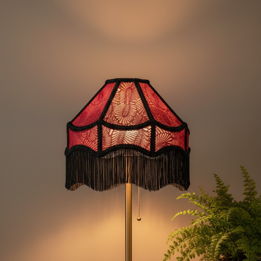 A vintage-style floor lamp with a red and black patterned fringed shade, illuminated to cast a warm glow against a neutral background with a green fern in the foreground.