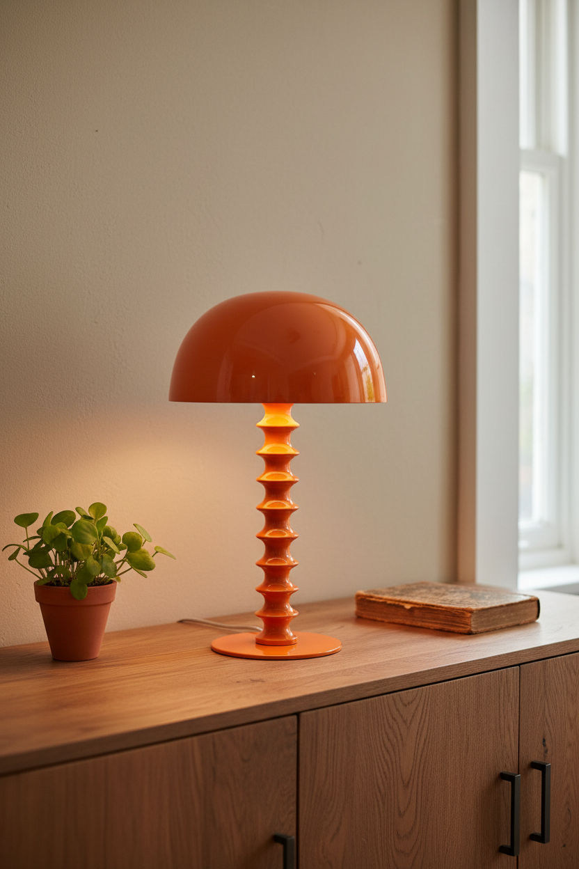 Orange table lamp on a wooden surface with a plant and book in the background