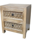 Wooden nightstand with two drawers on a white background