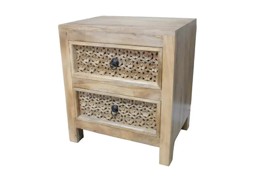 Wooden nightstand with two drawers on a white background