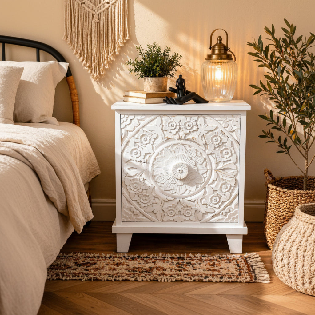 Decorative white nightstand with intricate carvings in a bedroom setting.