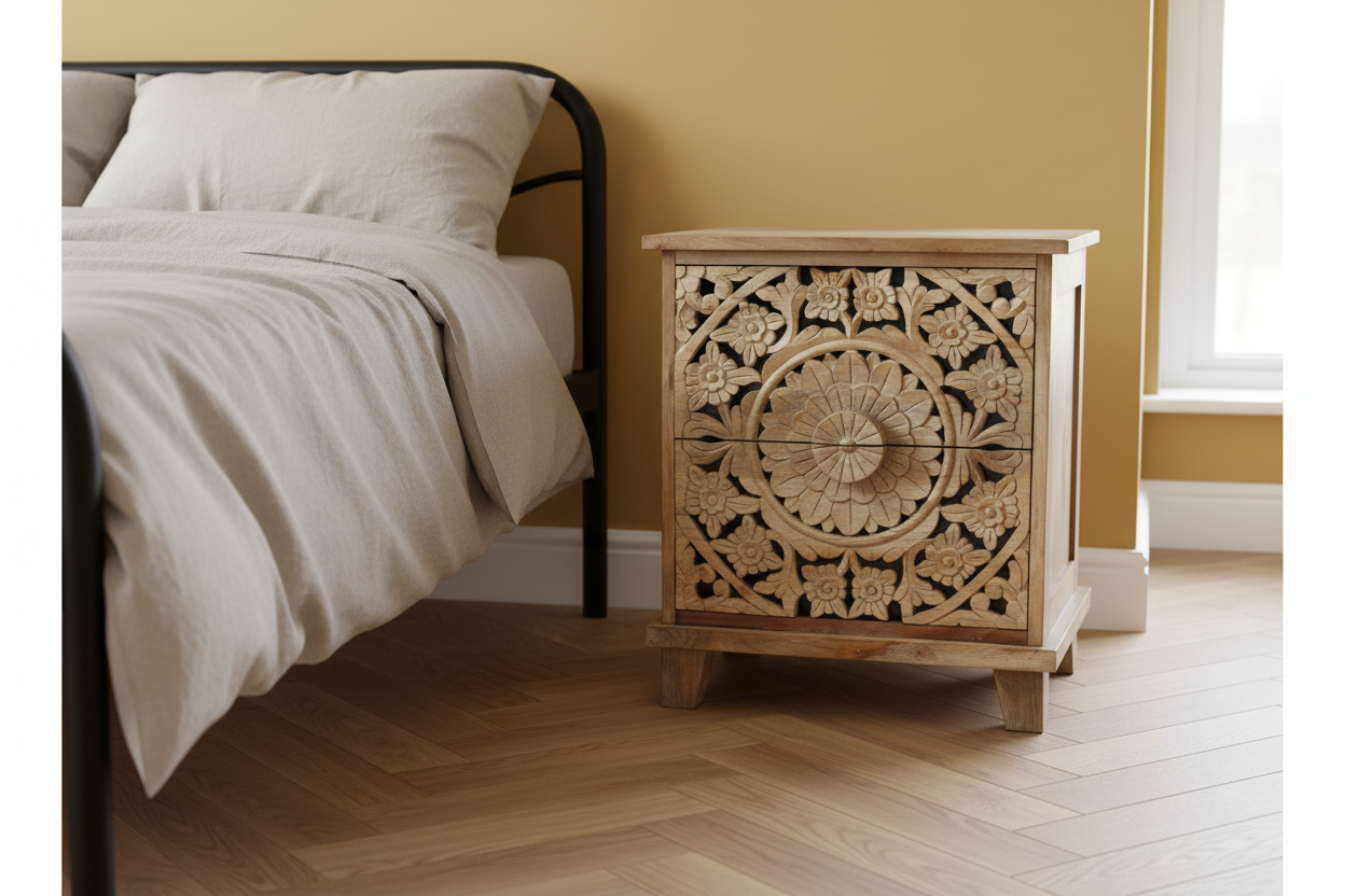 Bedroom with a bed and a wooden nightstand with intricate carvings.