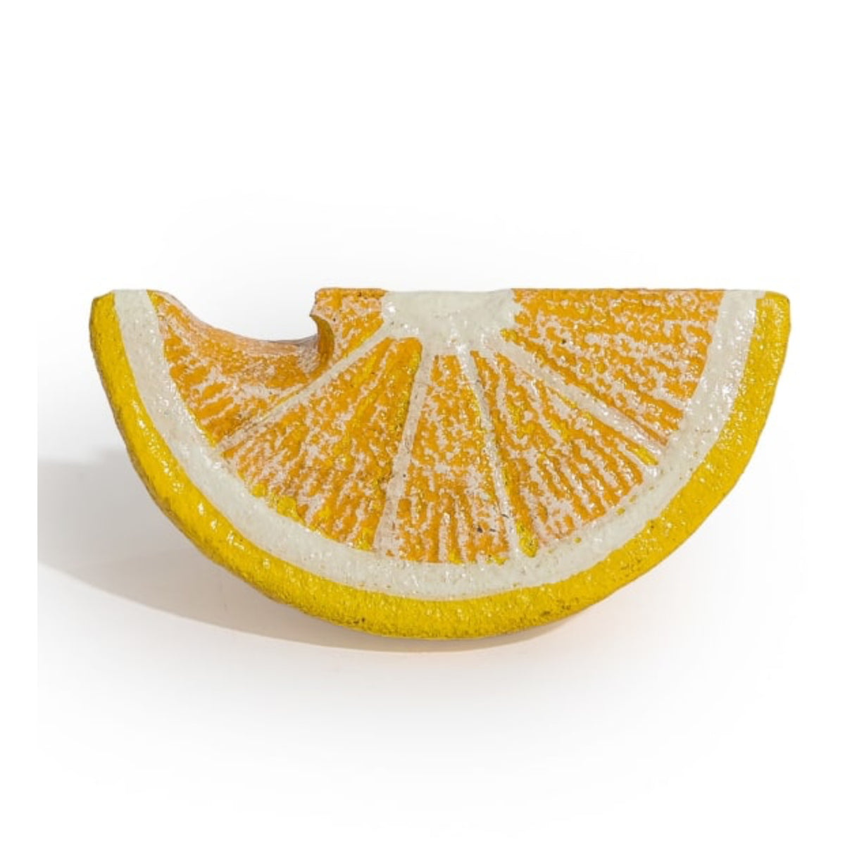 A decorative ceramic wall vessel shaped like a lemon slice, featuring textured yellow-orange rind and white pith details, set against a plain white background.