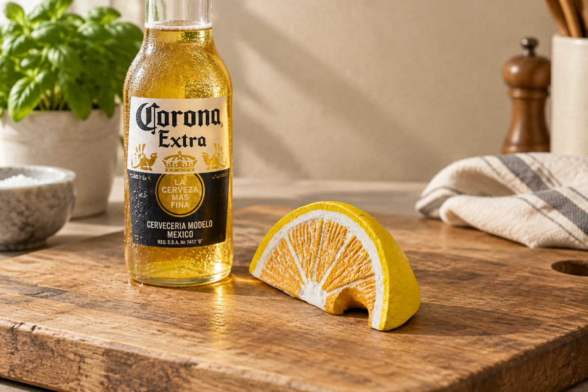 A bottle of Corona Extra beer stands on a wooden cutting board next to a sliced orange wedge, with a blurred kitchen background including a plant, bowl, and cloth.