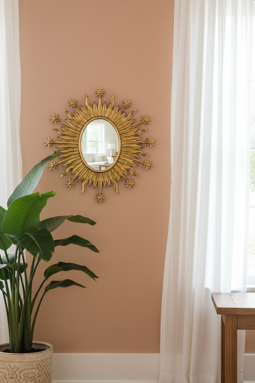 Gold sunburst mirror on a beige wall with a plant and table in the foreground