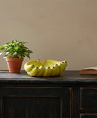 Bowl of fruit, potted plant, and open book on a wooden surface with a neutral background