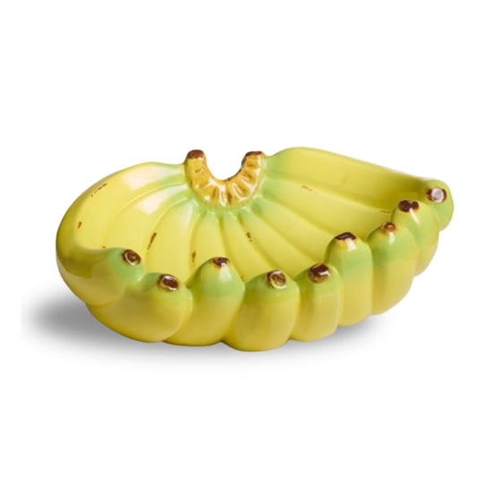 Yellow ceramic banana-shaped bowl on a white background